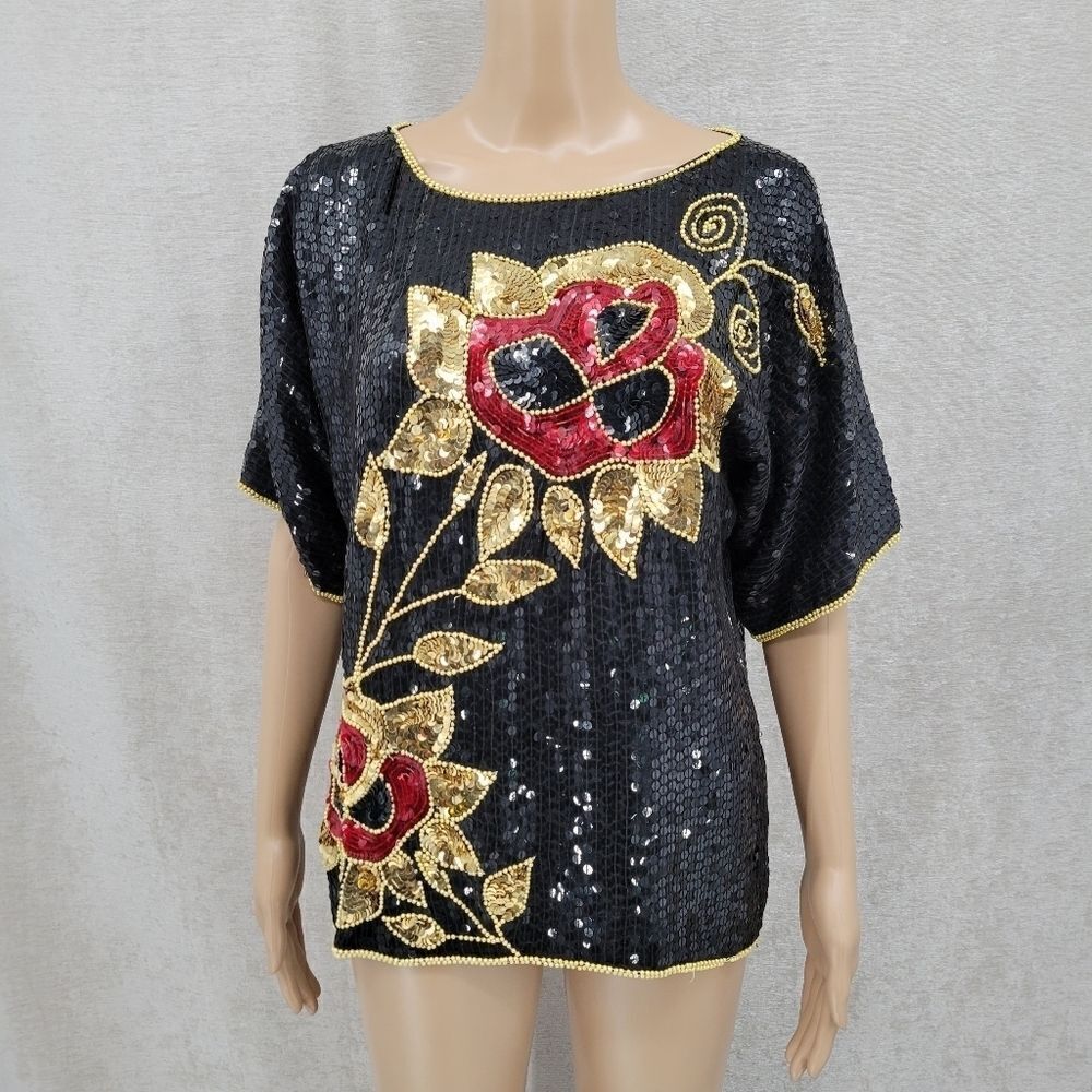 Jean for Joseph Le Bon Vintage Silk Sequin Blouse Black Red Gold Floral Evening